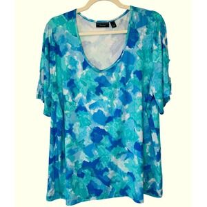 Susan Graver Size XL Stretch Knit Blue Watercolor Print Short Sleeve Top